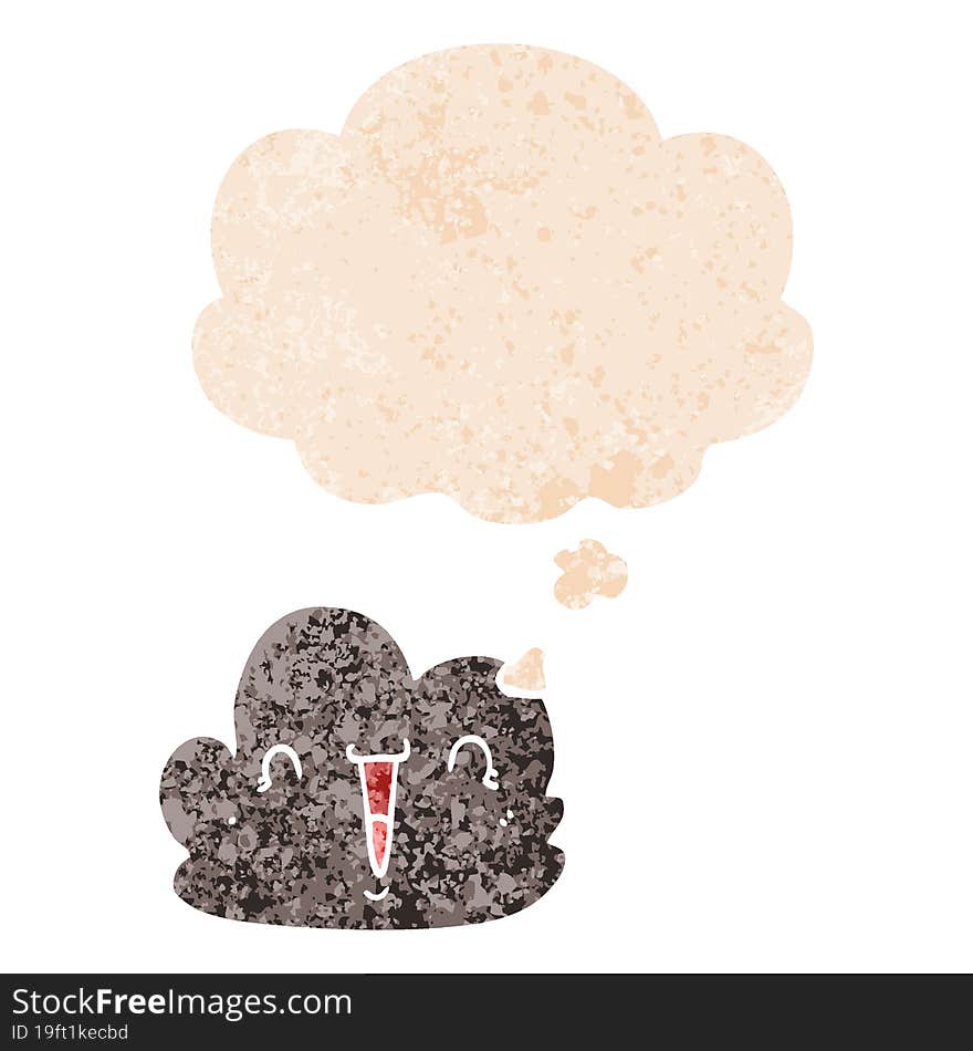 cartoon happy cloud and thought bubble in retro textured style