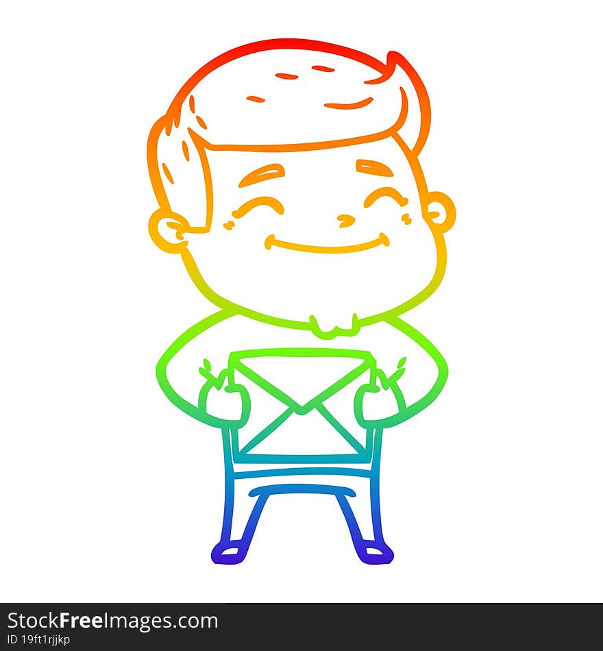 rainbow gradient line drawing of a happy cartoon man with parcel