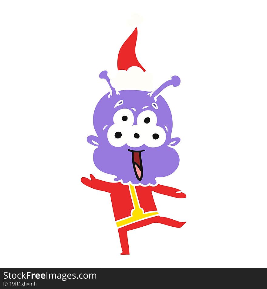 happy flat color illustration of a alien dancing wearing santa hat