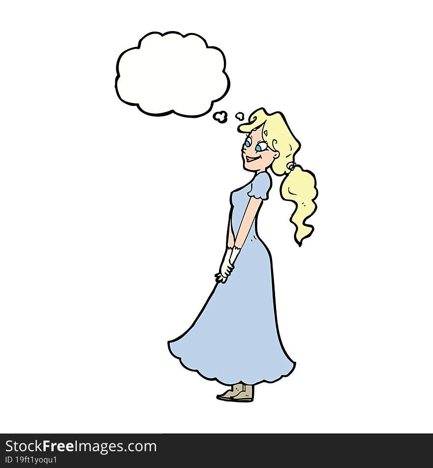 cartoon pretty woman in dress with thought bubble