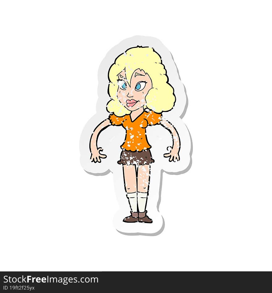 retro distressed sticker of a cartoon pretty woman