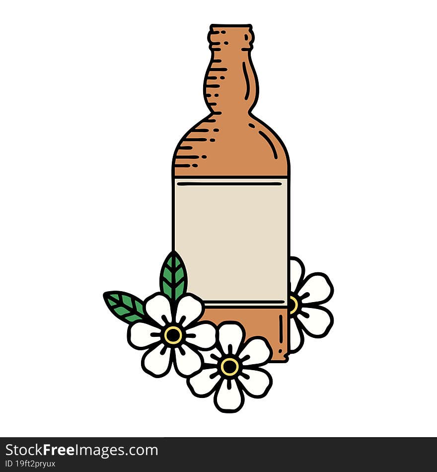 traditional tattoo of a rum bottle and flowers