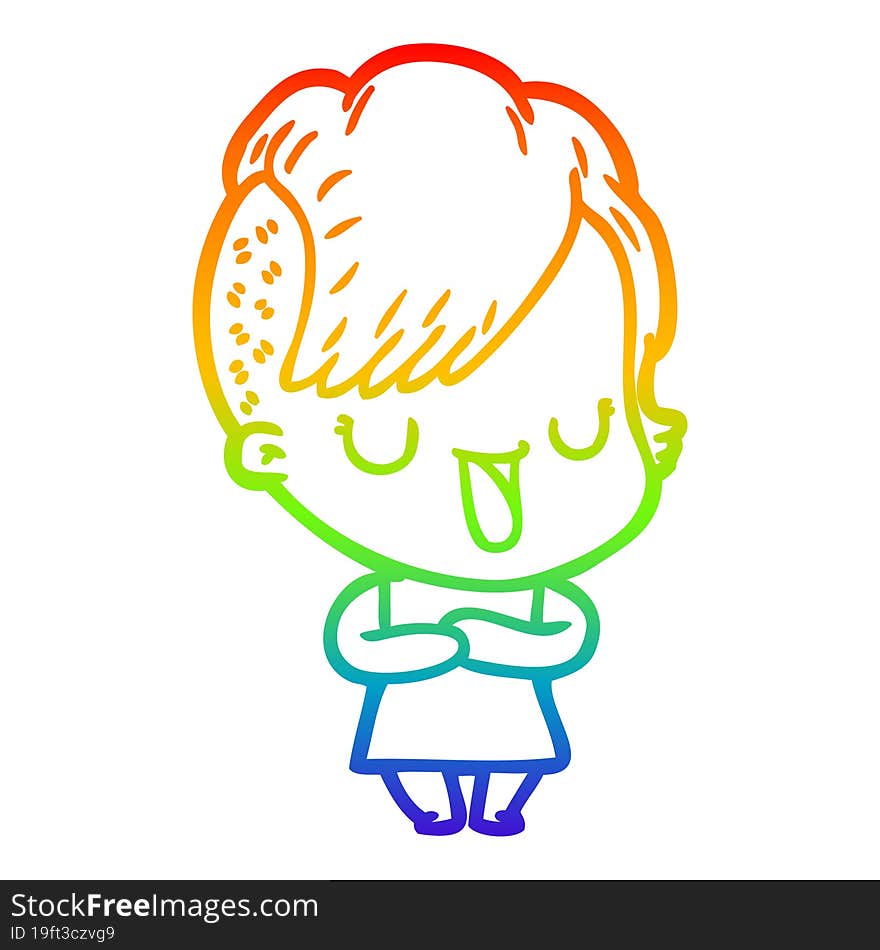 rainbow gradient line drawing of a cute cartoon girl with hipster haircut