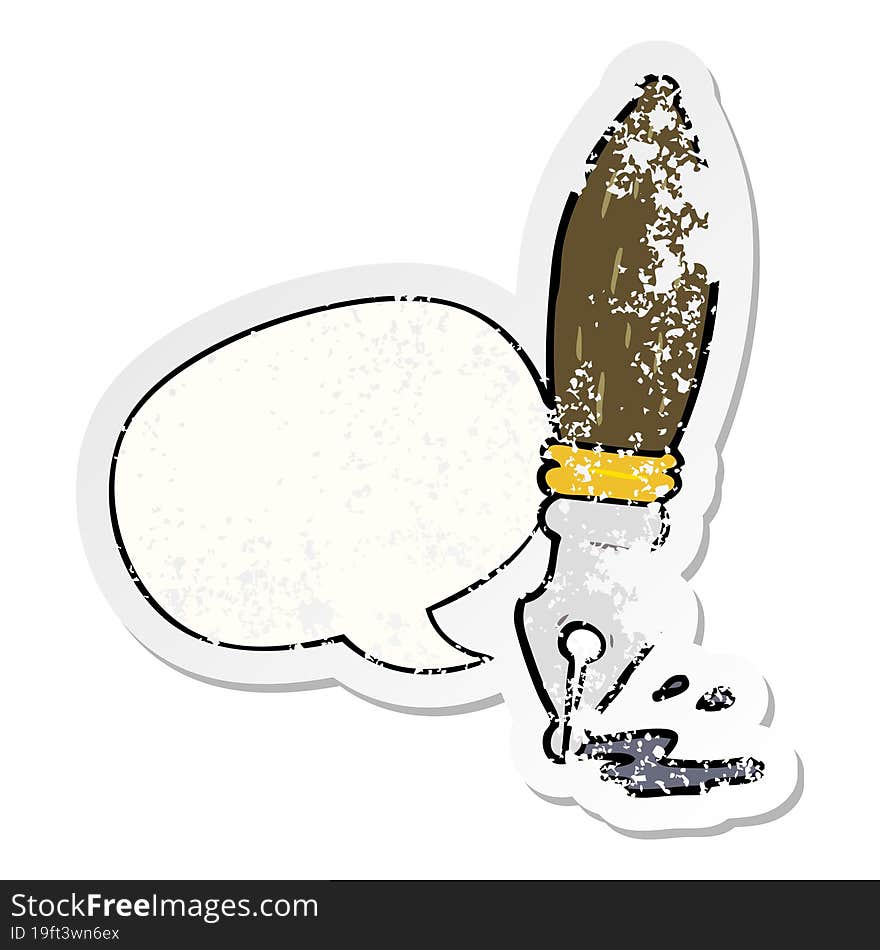 Cartoon Traditional Fountain Pen And Speech Bubble Distressed Sticker