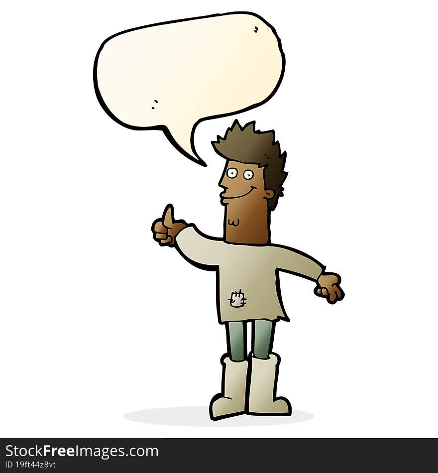 cartoon positive thinking man in rags with speech bubble