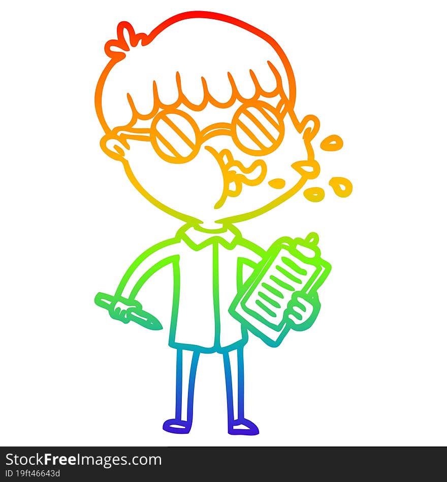 rainbow gradient line drawing cartoon boy wearing spectacles with clip board