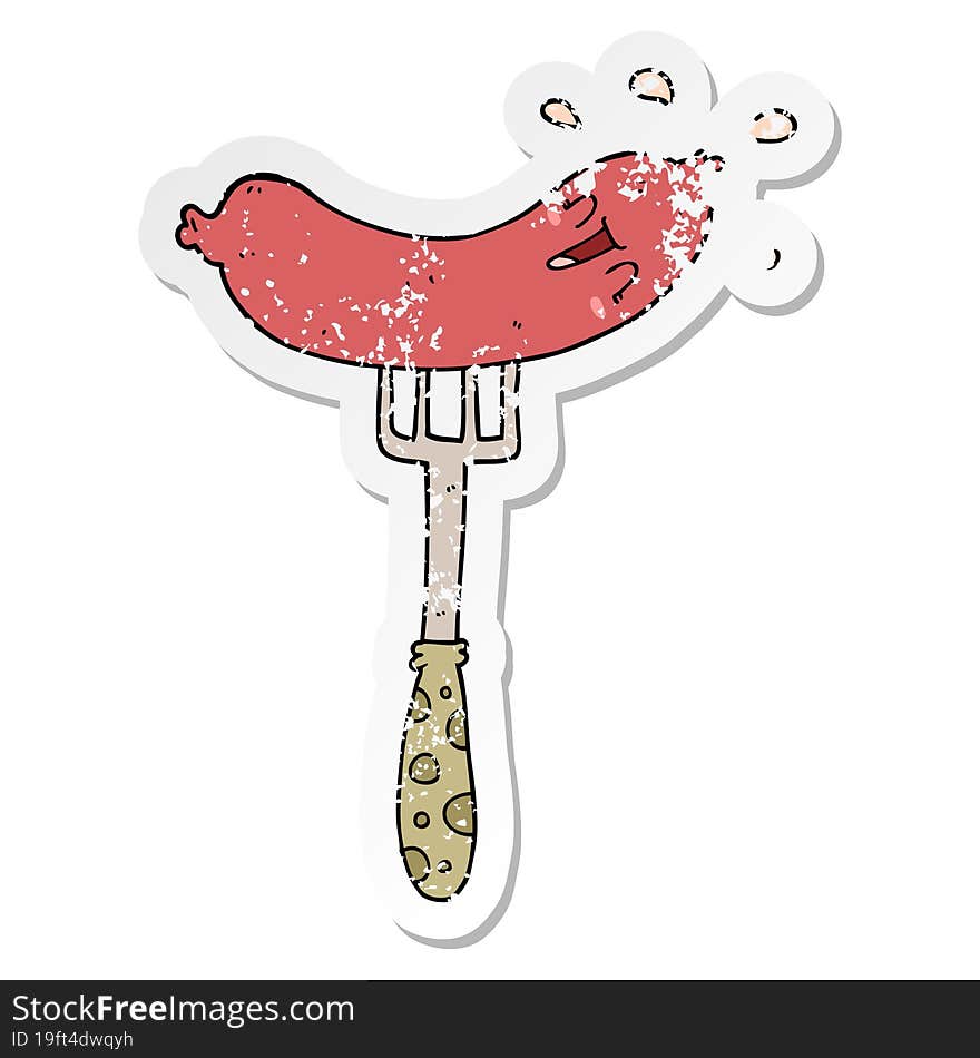 Distressed Sticker Of A Cartoon Happy Sausage On Fork