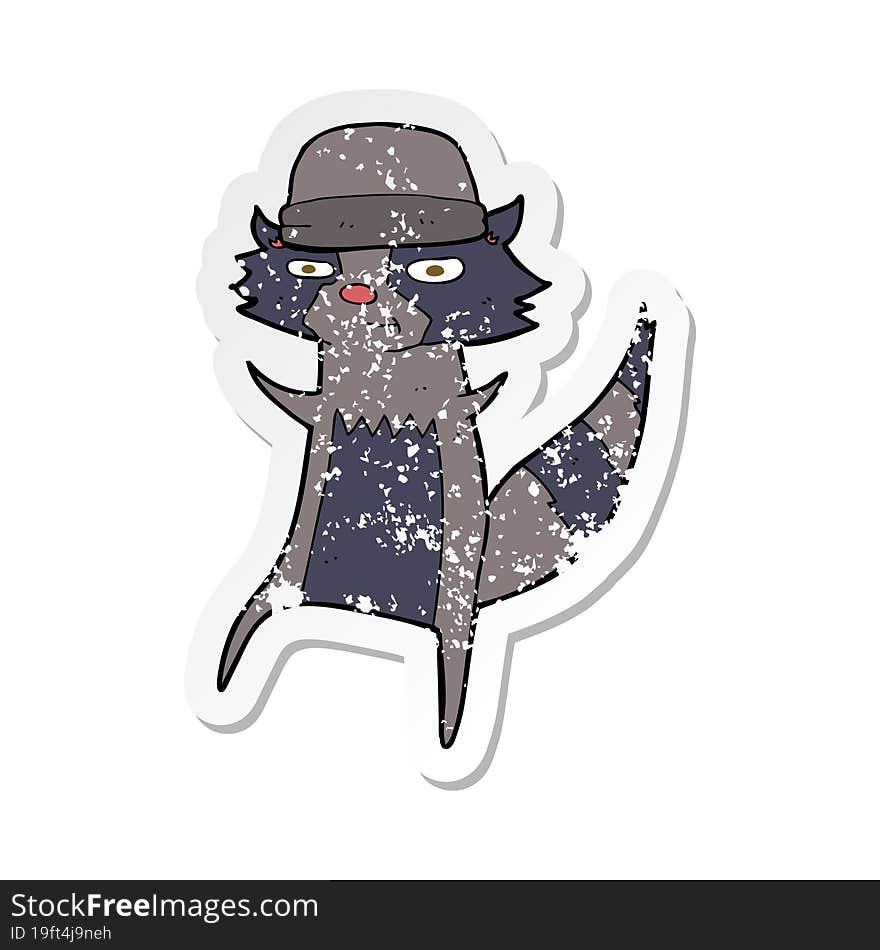 retro distressed sticker of a cartoon raccoon