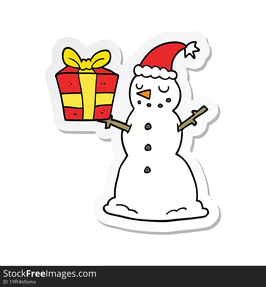 sticker of a cartoon snowman with present