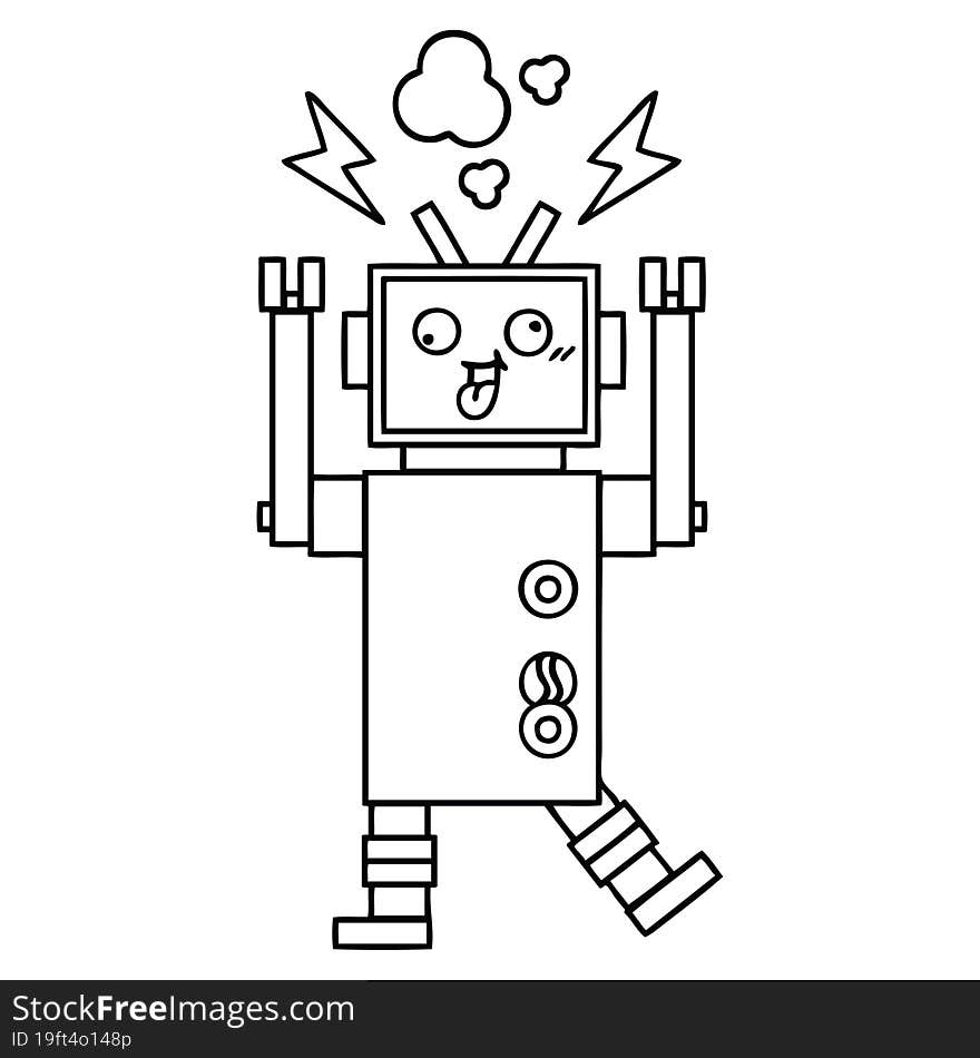 line drawing cartoon of a crazy broken robot