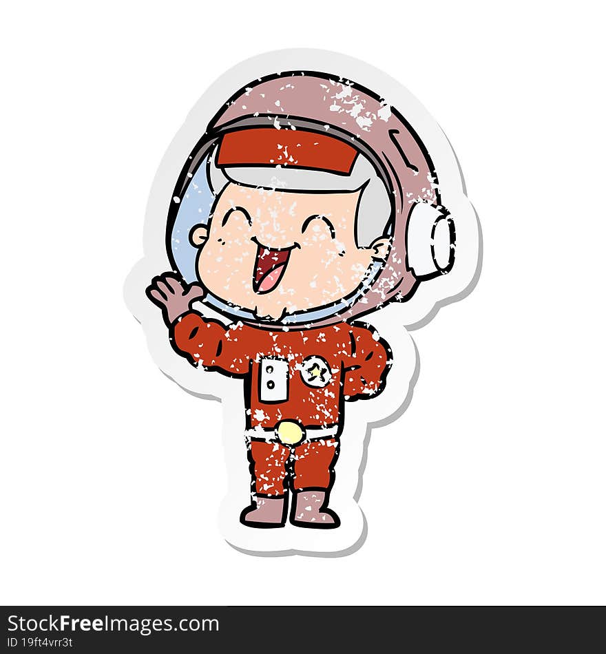 distressed sticker of a happy cartoon astronaut