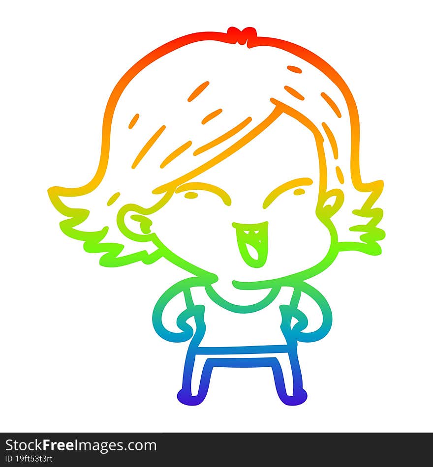 rainbow gradient line drawing of a happy cartoon girl