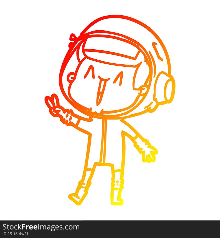 warm gradient line drawing of a happy cartoon astronaut giving peace sign