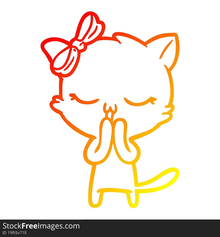 Warm Gradient Line Drawing Cartoon Cat With Bow On Head