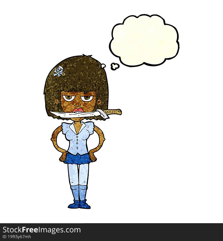 cartoon woman with knife between teeth with thought bubble