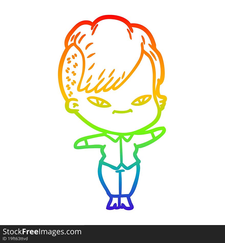 Rainbow Gradient Line Drawing Cute Cartoon Girl With Hipster Haircut