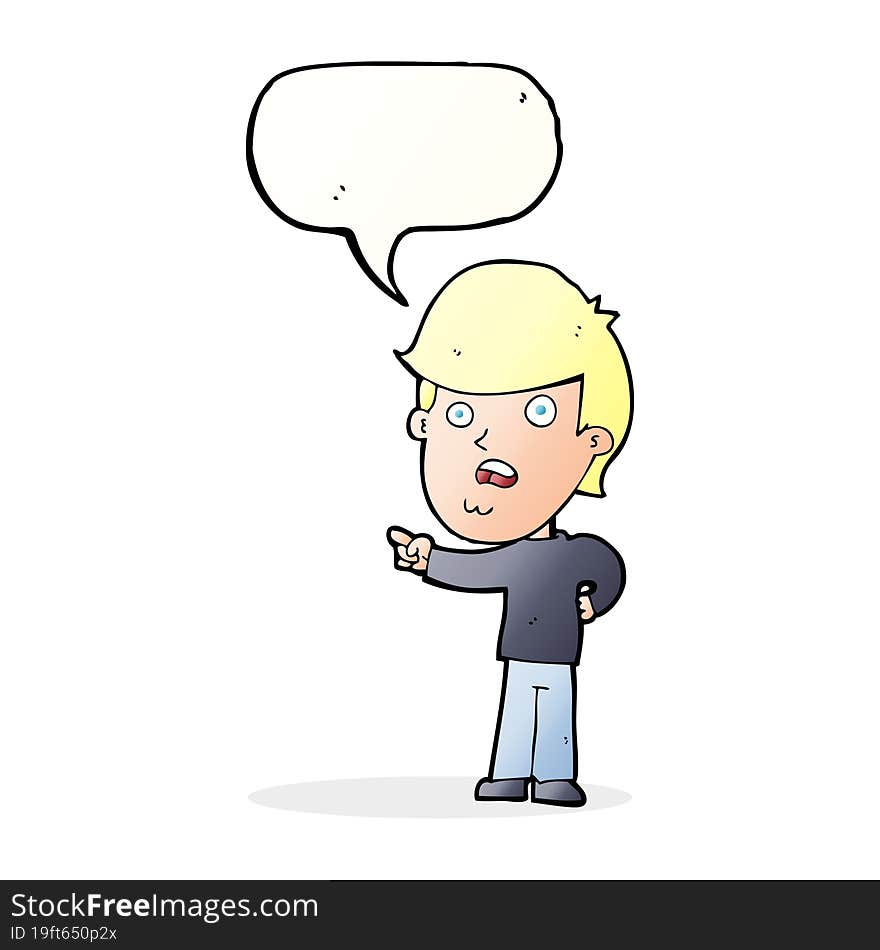 cartoon shocked man pointing with speech bubble