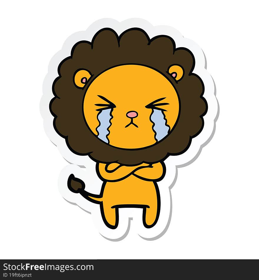 sticker of a cartoon crying lion with crossed arms