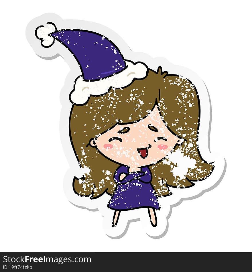 christmas distressed sticker cartoon of kawaii girl