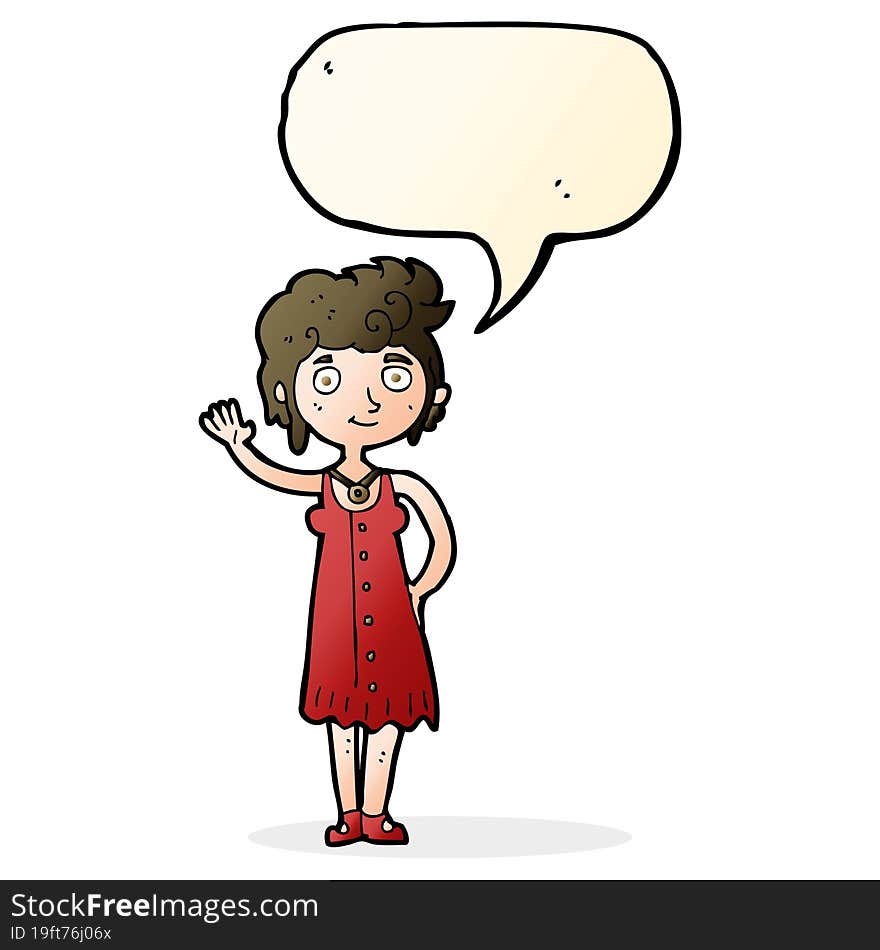 Cartoon Hippie Woman Waving With Speech Bubble