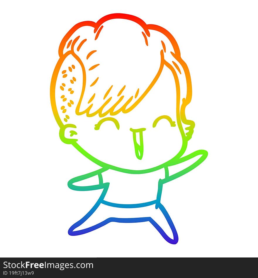 rainbow gradient line drawing of a cartoon happy hipster girl