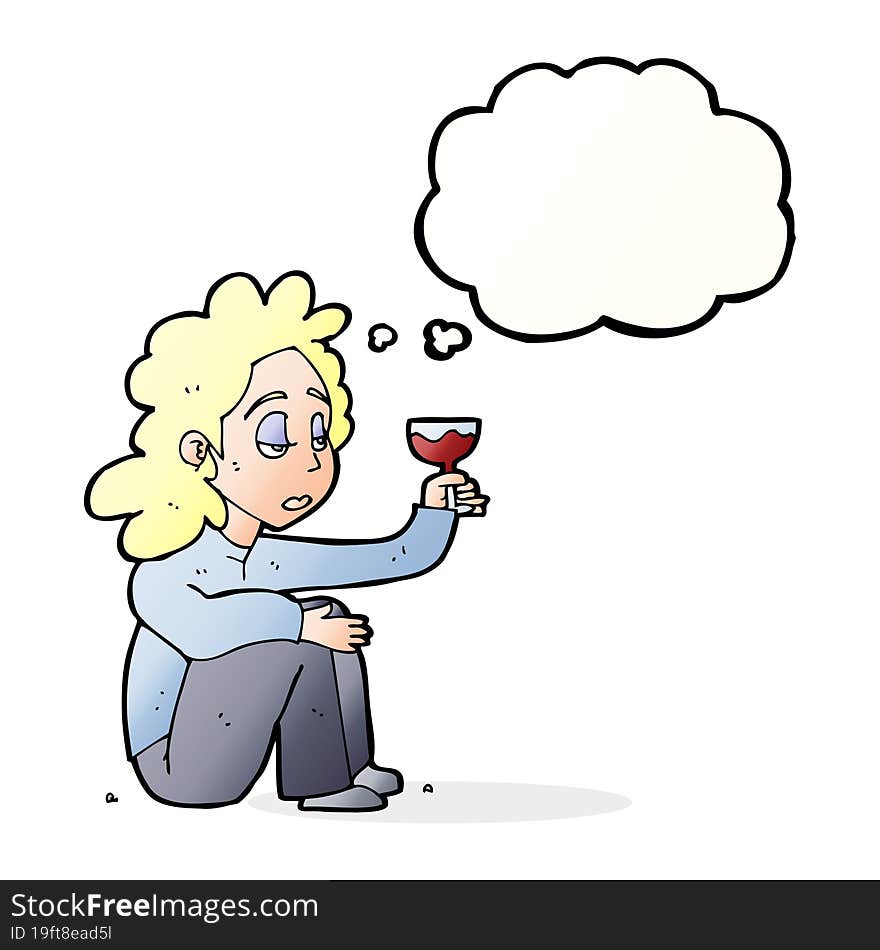 cartoon unhappy woman with glass of wine with thought bubble