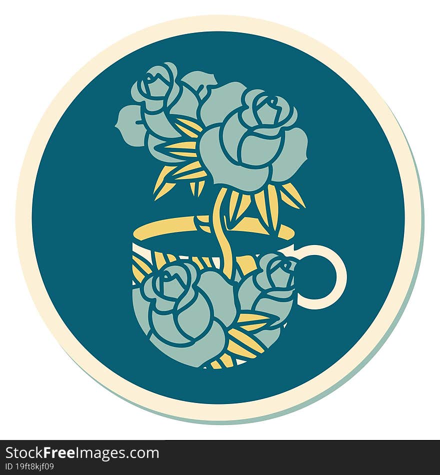 tattoo style sticker of a cup and flowers