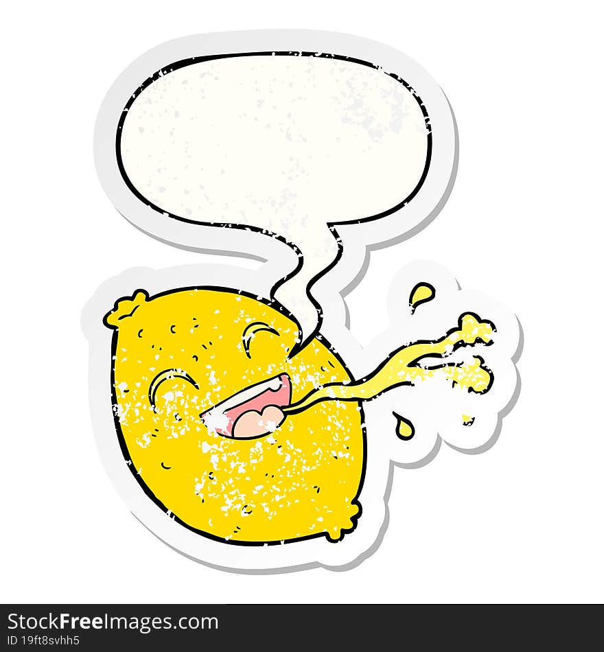 cartoon squirting lemon and speech bubble distressed sticker