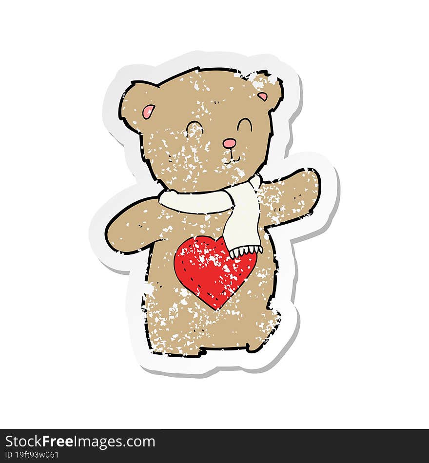 Retro Distressed Sticker Of A Cartoon Teddy Bear With Love Heart