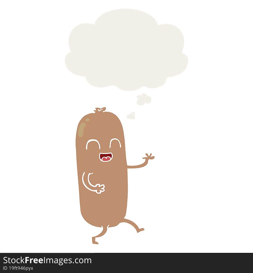 cartoon dancing sausage and thought bubble in retro style