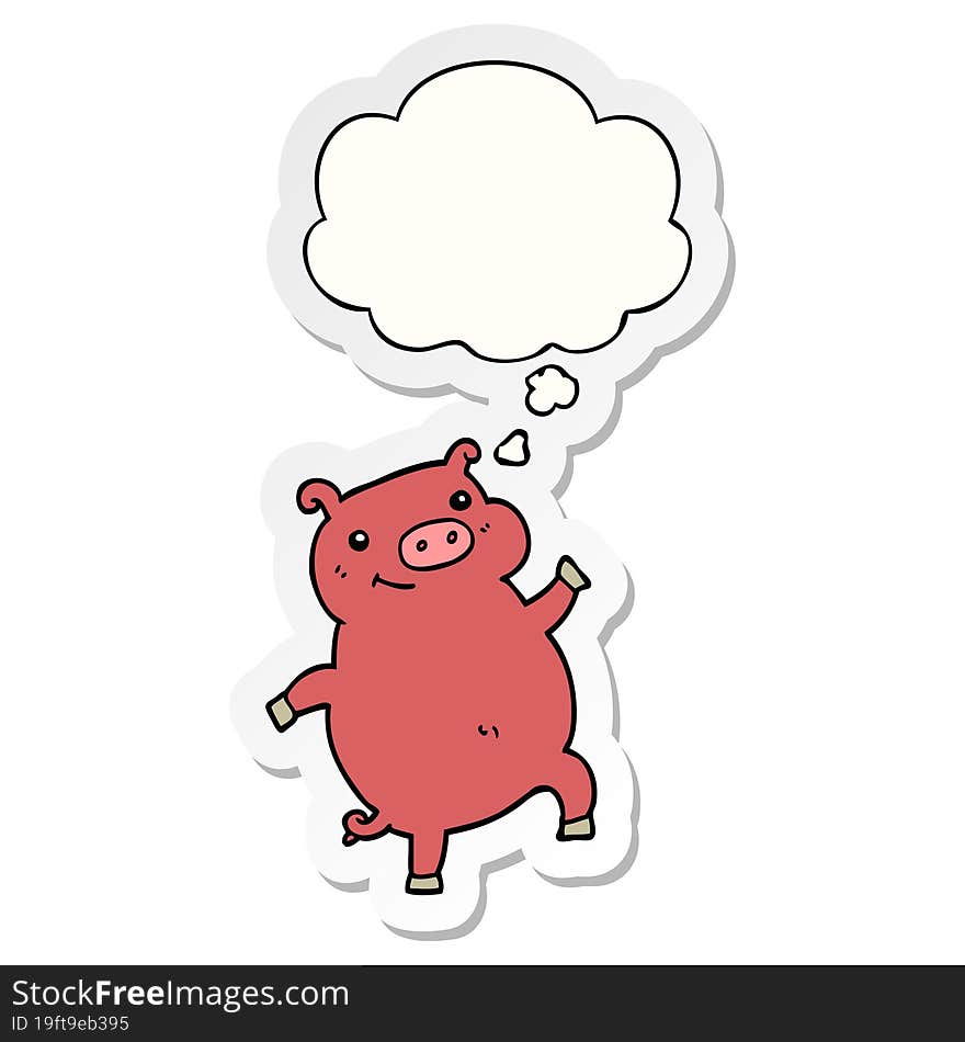 cartoon dancing pig and thought bubble as a printed sticker