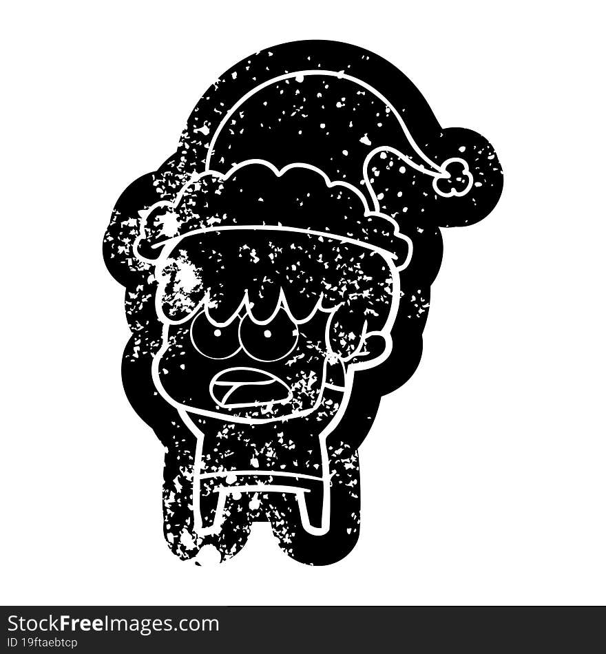 worried cartoon distressed icon of a boy wearing santa hat