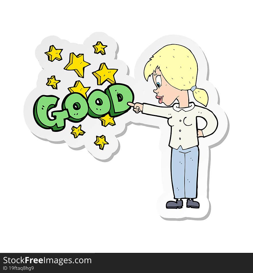 sticker of a cartoon woman pointing out the good