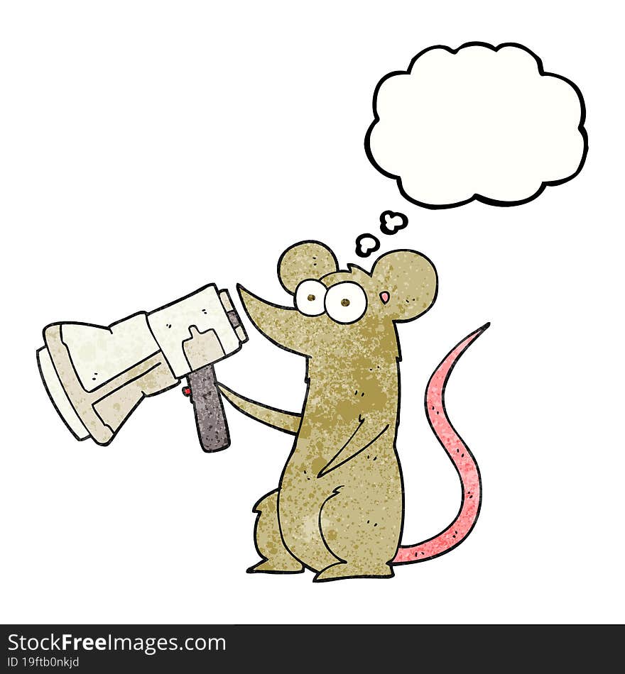 freehand drawn thought bubble textured cartoon mouse with megaphone