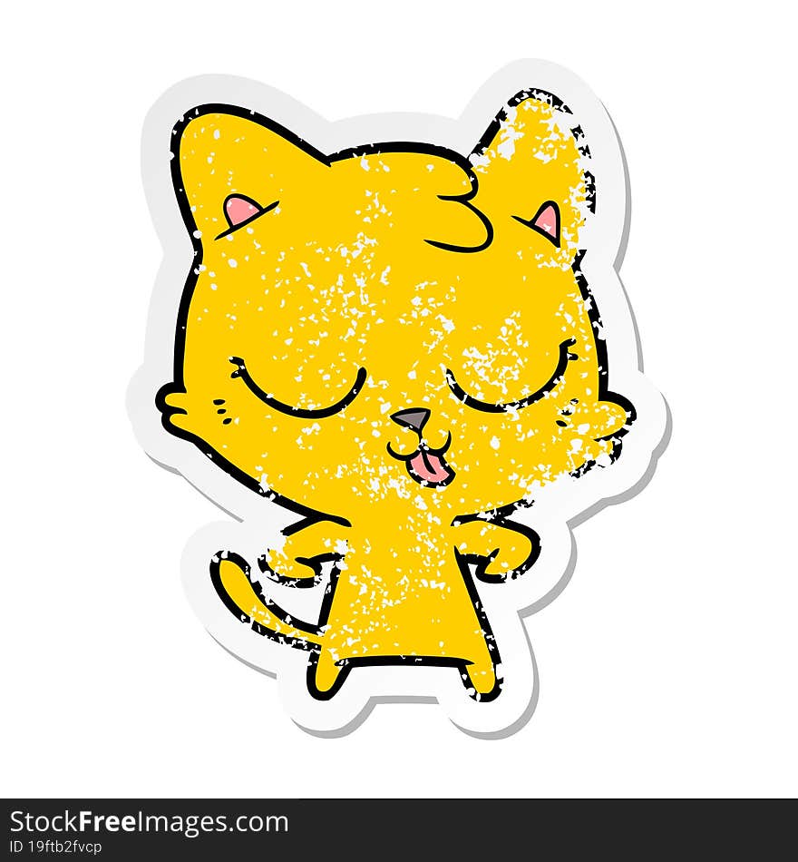 distressed sticker of a happy cartoon cat