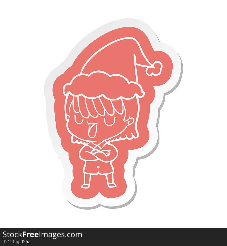 quirky cartoon  sticker of a woman wearing santa hat