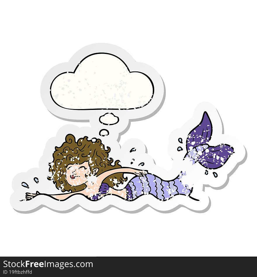 cartoon mermaid and thought bubble as a distressed worn sticker