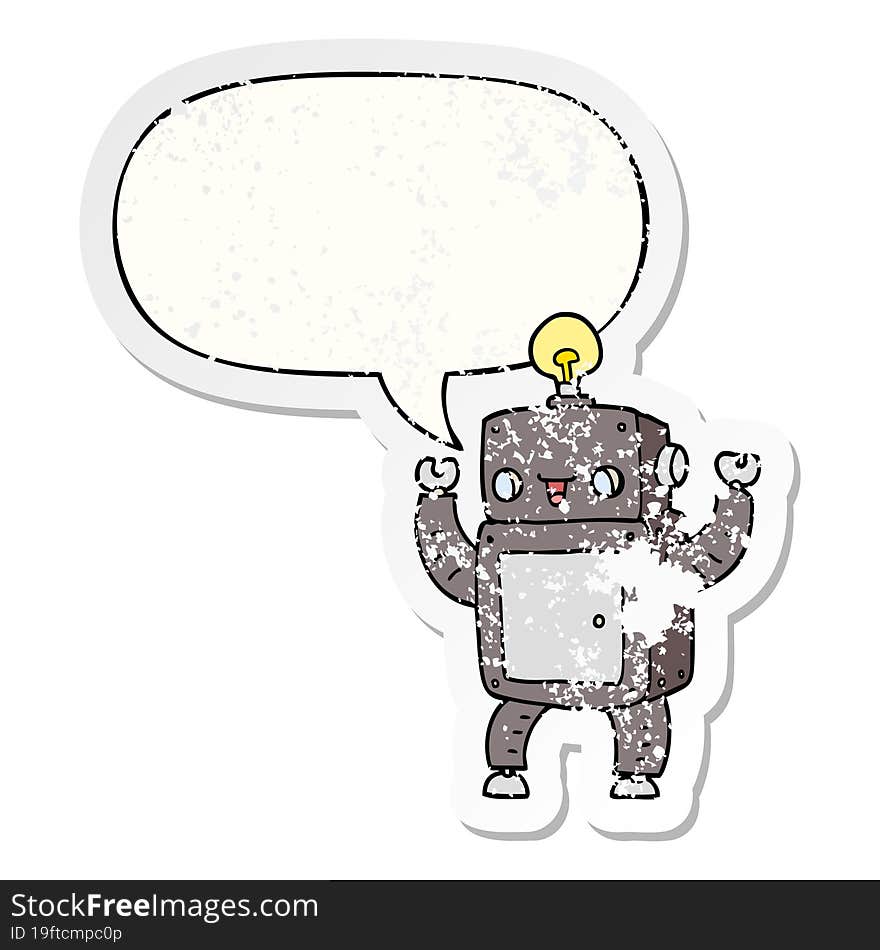 cartoon happy robot with speech bubble distressed distressed old sticker. cartoon happy robot with speech bubble distressed distressed old sticker