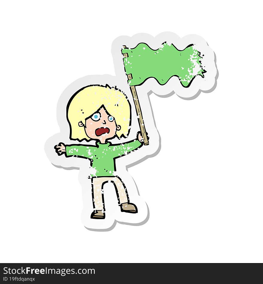 retro distressed sticker of a cartoon woman waving green flag