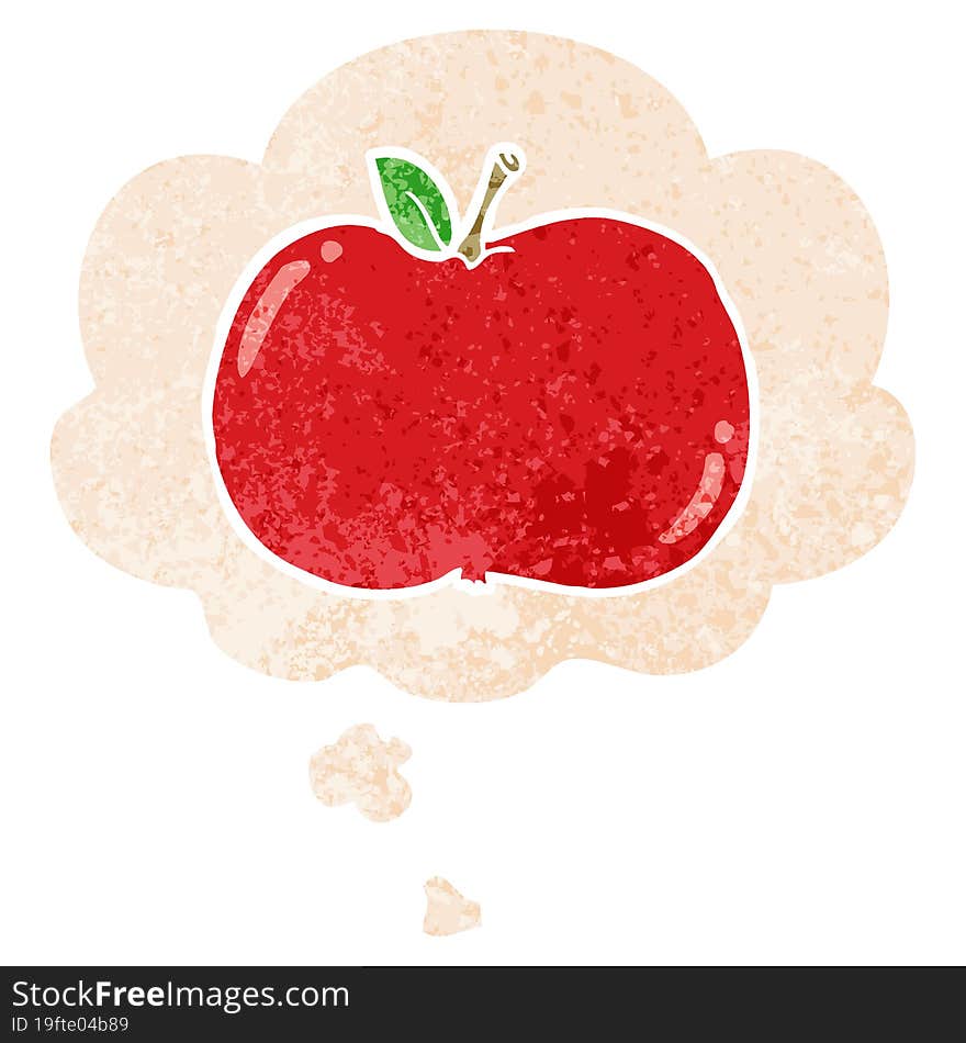 cartoon apple and thought bubble in retro textured style