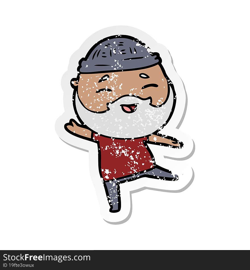 distressed sticker of a cartoon happy bearded man