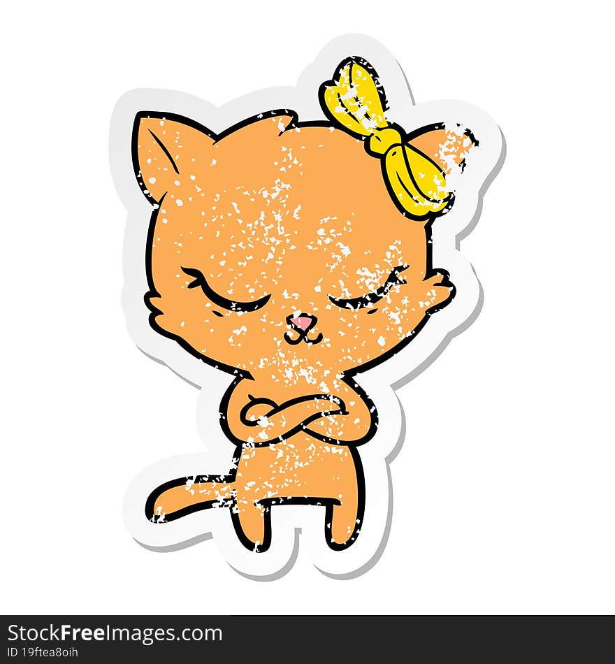 distressed sticker of a cute cartoon cat with bow