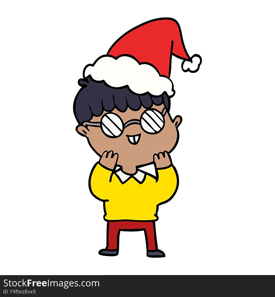 line drawing of a boy wearing spectacles wearing santa hat