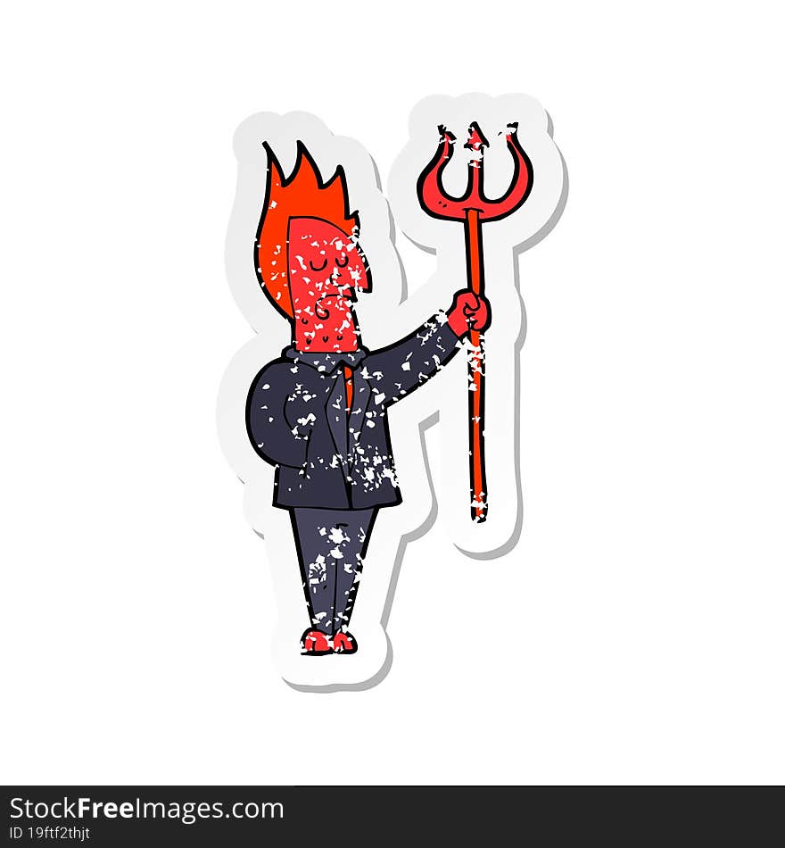 retro distressed sticker of a cartoon devil with pitchfork