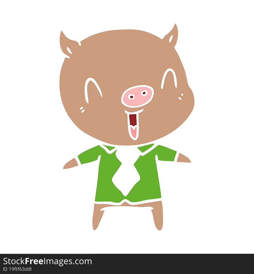 Happy Flat Color Style Cartoon Pig Wearing Shirt And Tie