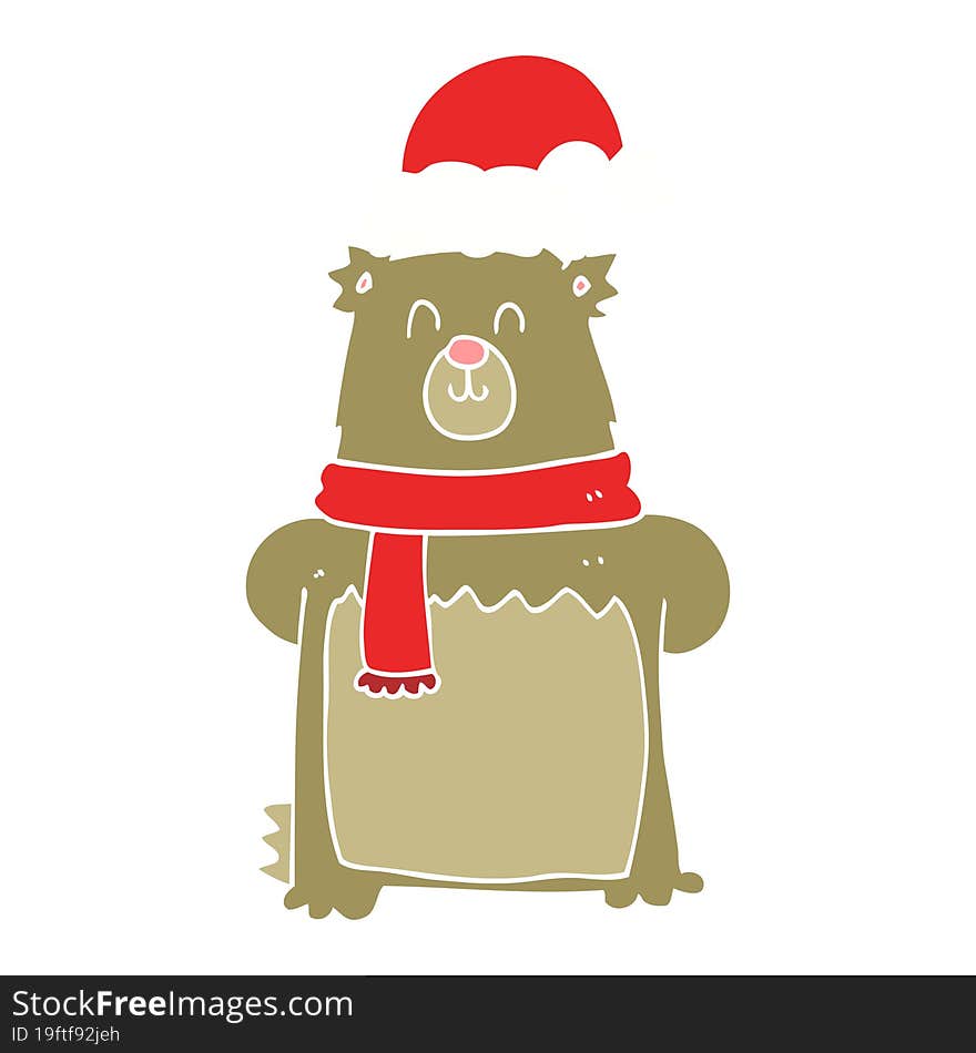 flat color style cartoon bear wearing christmas hat