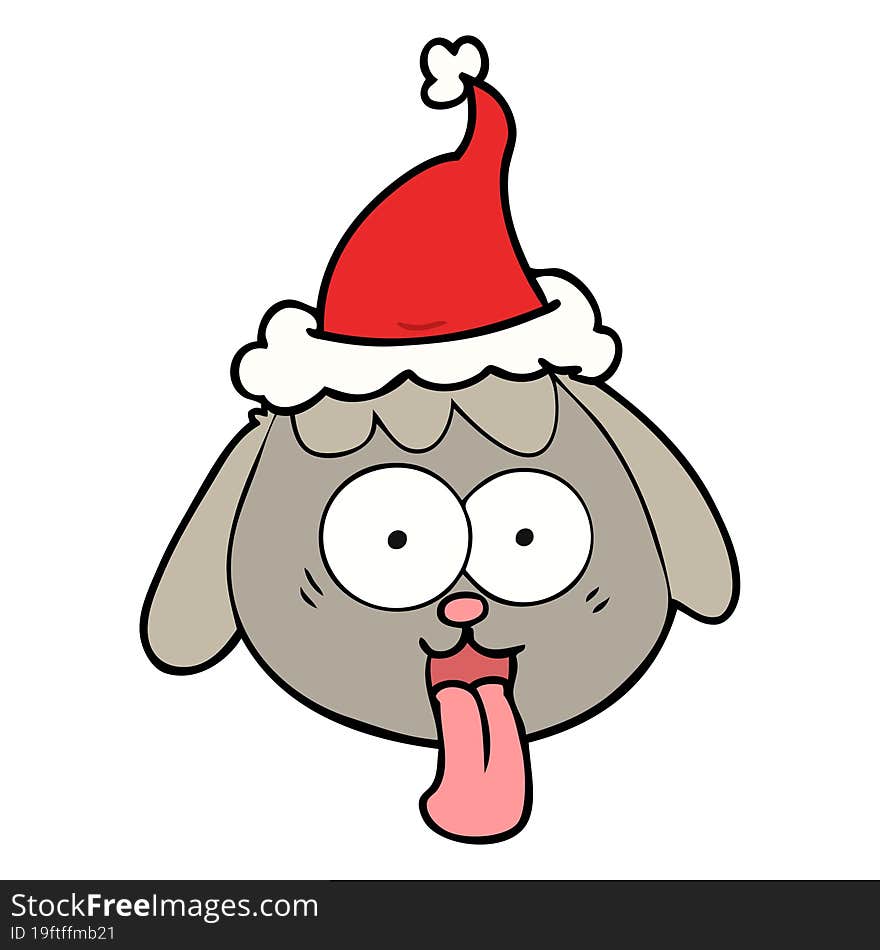 hand drawn line drawing of a dog face panting wearing santa hat