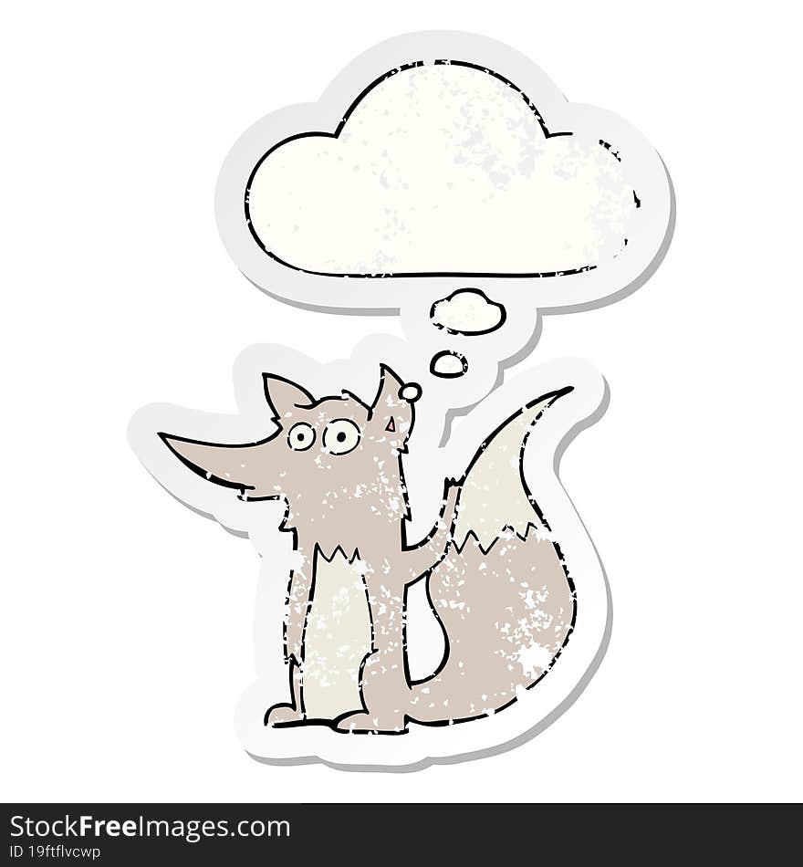 cartoon wolf and thought bubble as a distressed worn sticker