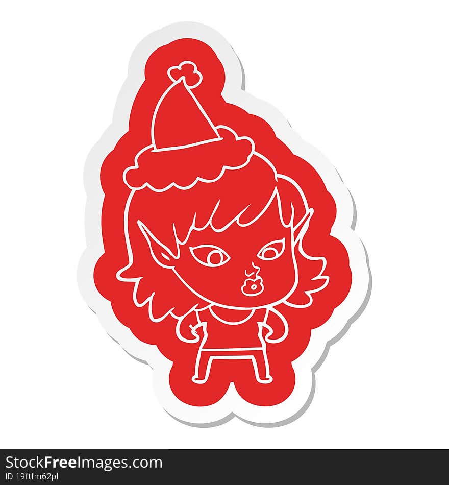 pretty quirky cartoon  sticker of a elf girl wearing santa hat