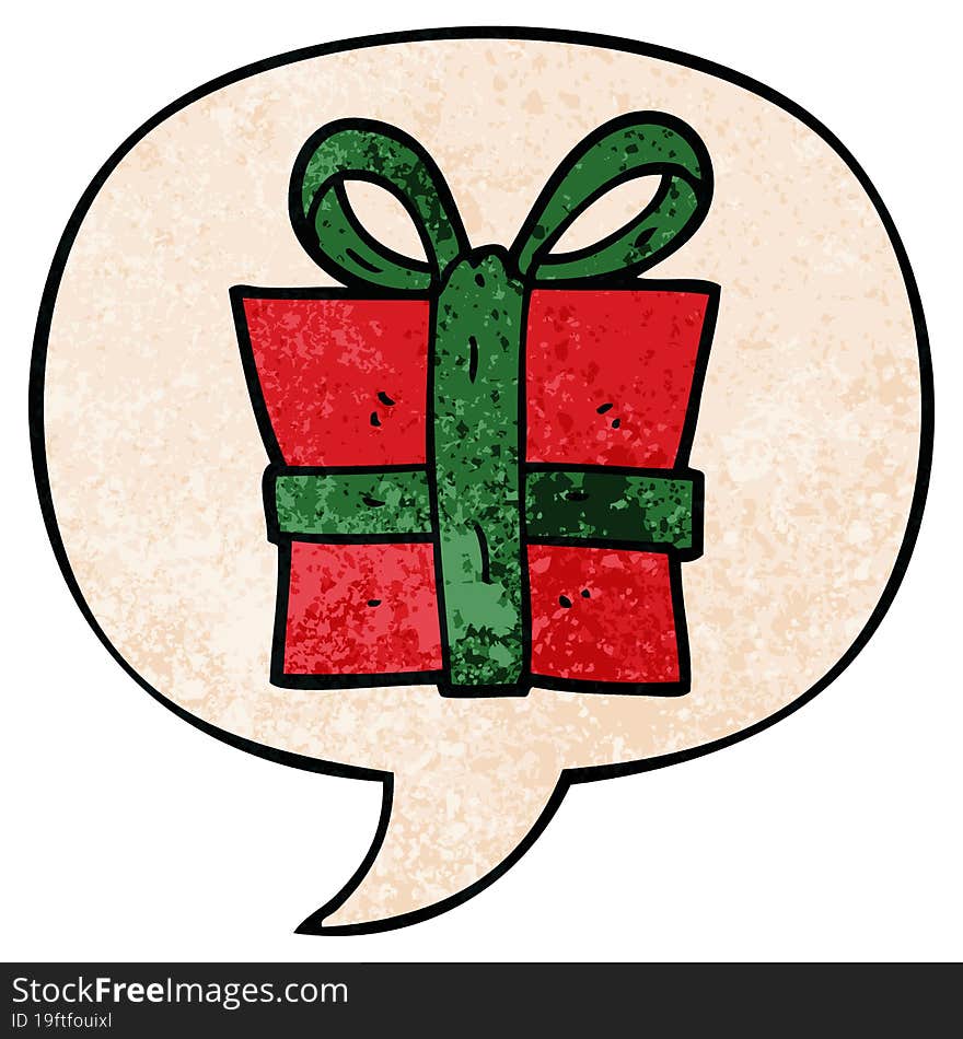 cartoon gift and speech bubble in retro texture style